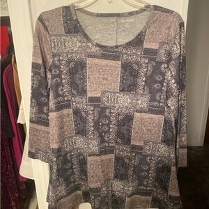 Kim Rogers Blue and Gray Patchwork Long Sleeve Top